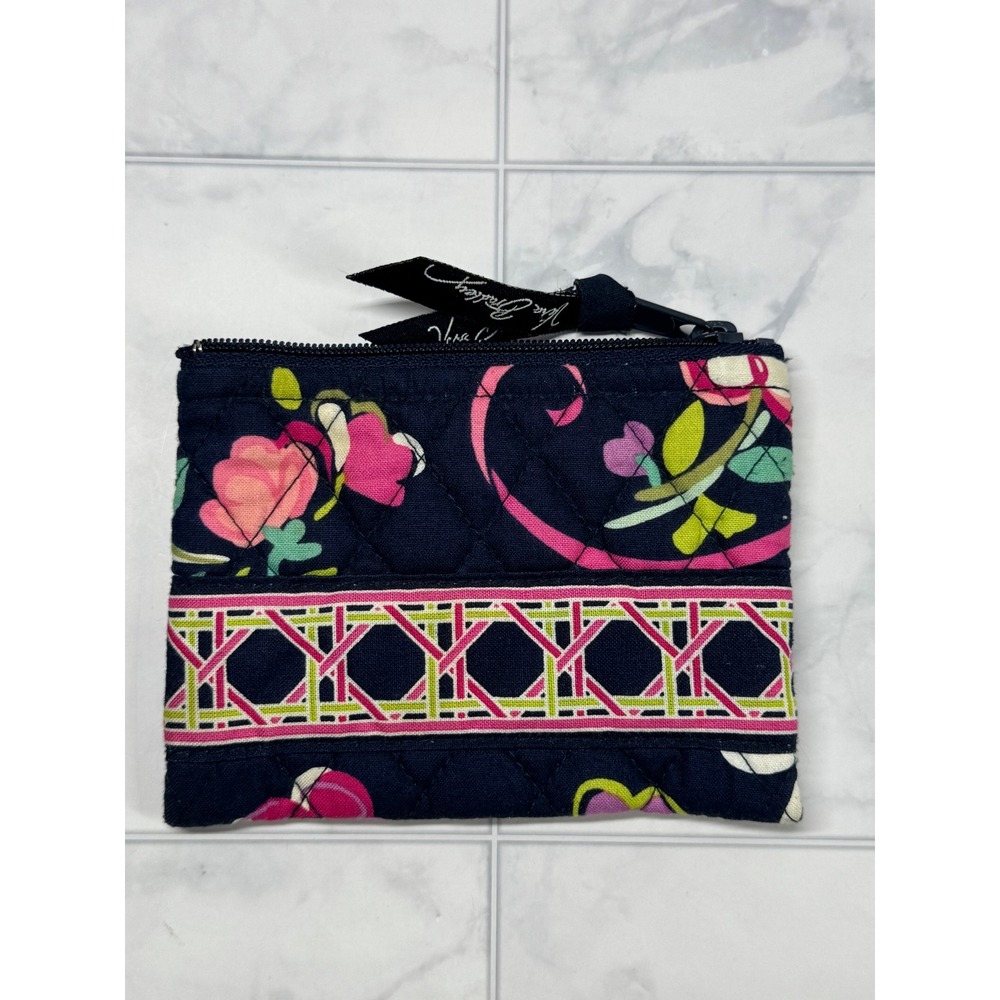 Vera Bradley Quilted Cotton Coin Purse Navy Blue Pink Floral Zip Pouch
